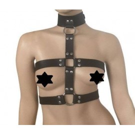 Women's leather chest body harness with collar